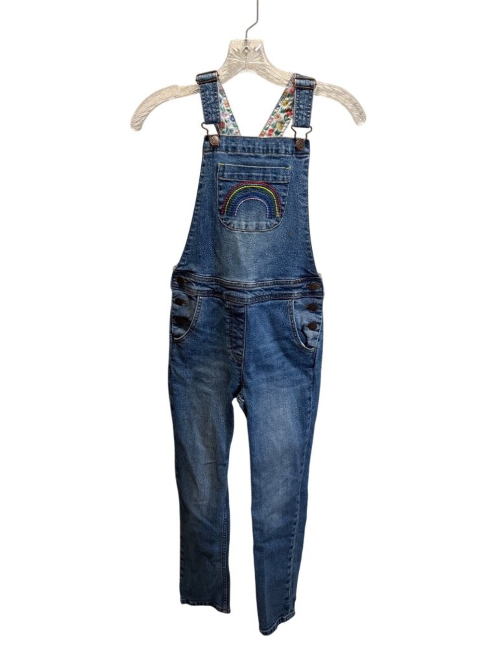 Boden Girls Denim Rainbow Embroidered Overalls With Floral Straps 9-10 Years